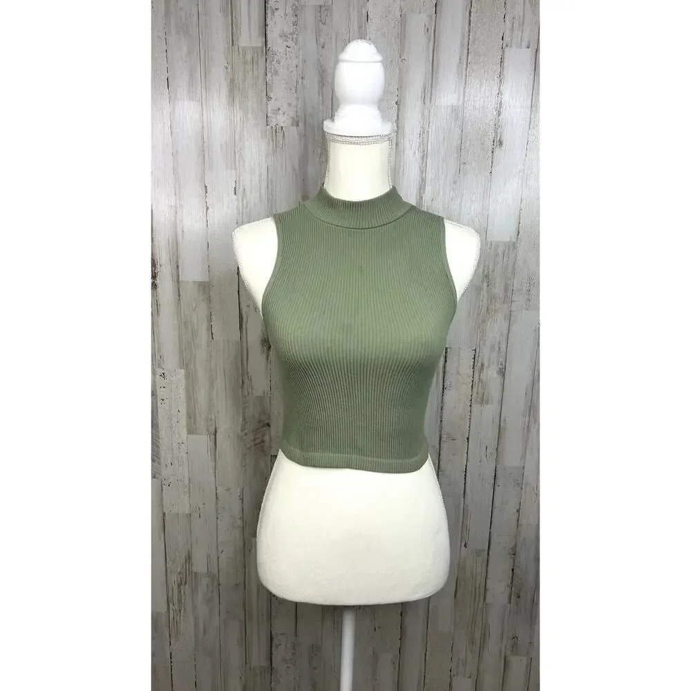 Zara Women's XS Green Ribbed Knit Crop Top Mock Neck Sleeveless Casual Tank